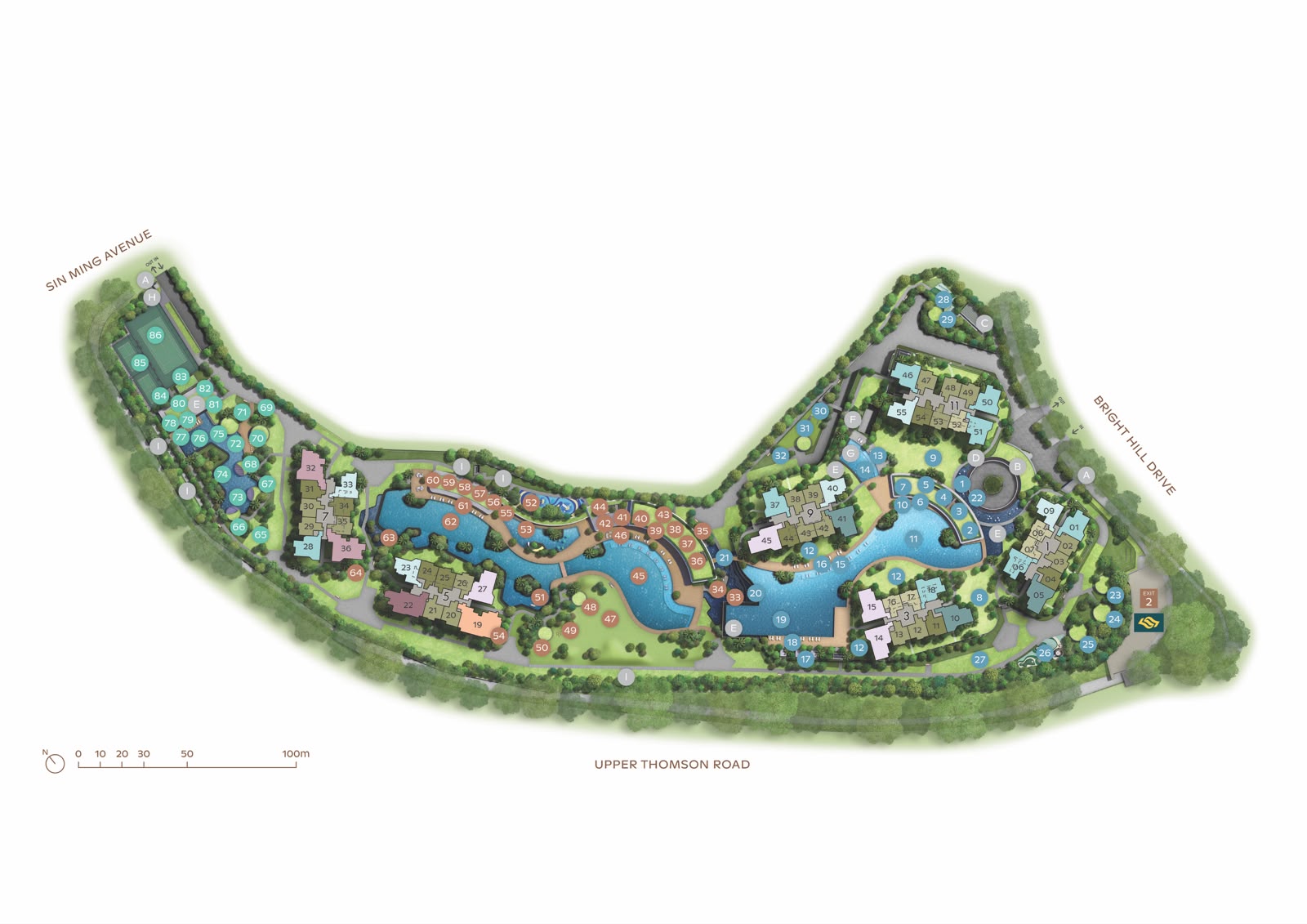 Thomson Reserve site plan showing 86 facilities across the Island Club, Grand Clubhouse and Wellness Club, bounded by Sin Ming Avenue, Bright Hill Drive and Upper Thomson Road